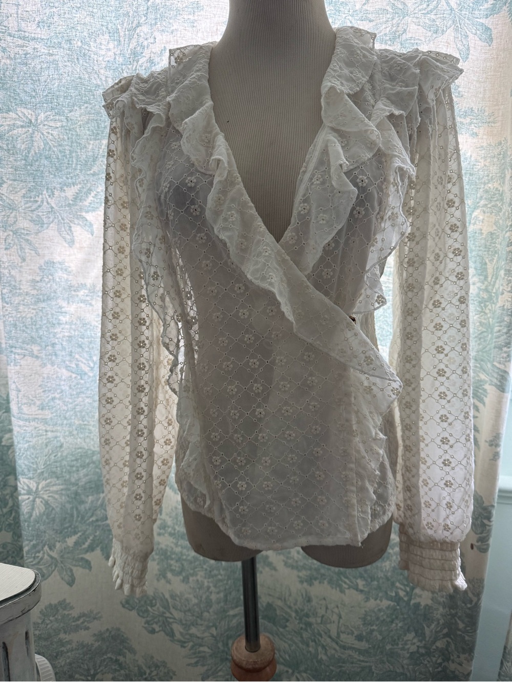 Anthropologie White Lace Ruffle Wrap Blouse